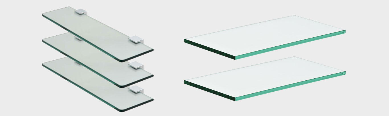 various styles of glass shelves arranged above one another