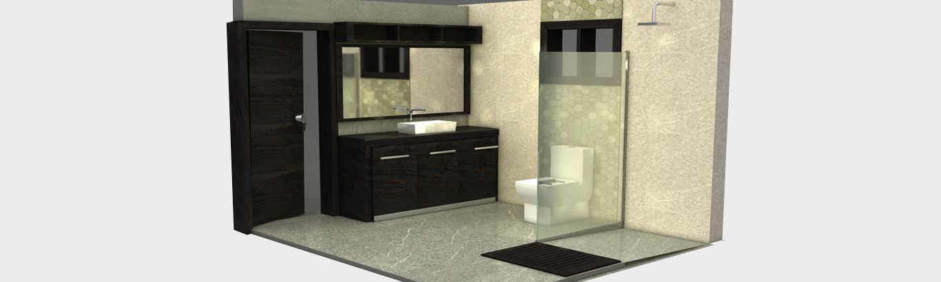 digital image of a bathroom with a walk in shower and fixed glass panel